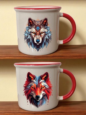 Renkli Kurt Baskılı Ağzı Kırmızı Kupa - Arkadaşlara Hediye, Yeni Yıl Hediyelikleri