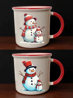 Kardan Adam Teması Ağzı Kırmızı Kupa - Erkek Öğretmene Hediye, Yeni Doğan Bebek Hediyesi