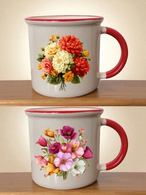 Renkli Çiçekler Baskılı Ağzı Kırmızı Kupa - Sevgililer Günü Hediyeleri, Sevgiliye Hediye