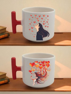 Kalp Kadın Baskılı 2'li Latte Bardağı - Yılbaşı Hediyesi Kadın, Değişik Öğretmenler Günü Hediyesi