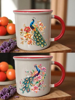 Çiçekli Tavus Kuşu 2'li Ağzı Kırmızı Bardak - Kız Çocuk Doğum Günü Hediyesi, Anneler Için Hediyeler