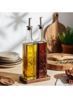 Snippy Safir - 2'li Ahşap Standlı Cam Zeytinyağı Sıvıyağ Şişesi Yağdanlık Damlatmaz Yağlık Sirkelik 500ML