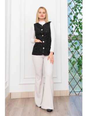 Uzun Buklet Kumaş Kuşak Kemerli Cepli Yelek 9138