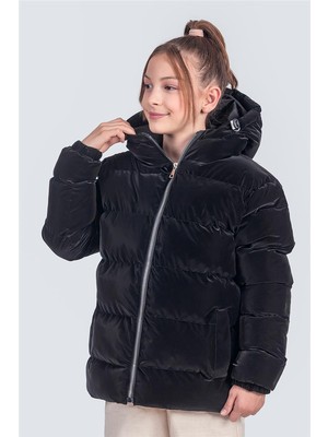 Pina Kids Kız Çocuk Siyah Kapüşonlu Kışlık Mont KM1010 Nova Kumaş Uzun Kol Günlük Kullanım İçin