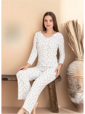Kadın Kurdele Detaylı Kiraz Desenli U Yaka Likralı Pijama Takım