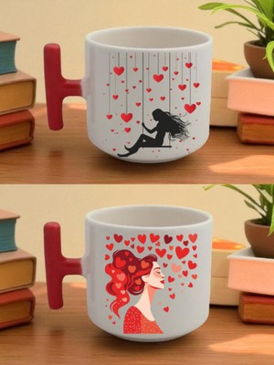 Kalp ve Kadın Baskılı 2'li Latte Bardağı - Yılbaşı Hediyesi Kadın, Değişik Öğretmenler Günü Hediyesi