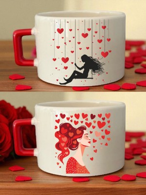 Kalpli Kadın Baskılı 2'li Kahve Fincanı - Kadın Sevgiliye Doğum Günü Hediyesi, Bayram Hediyesi