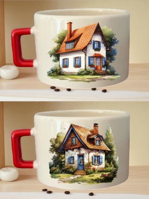 Köy Evi Görselli 2'li Kahve Fincanı - 8 Mart Dünya Kadınlar Günü Hediyesi, Kızlara Hediyeler