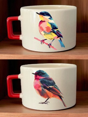 Renkli Kuş Baskılı Kahve Fincanı - Annelere Hediye, Yeni Yıl Hediyesi, Anne Hediyeleri