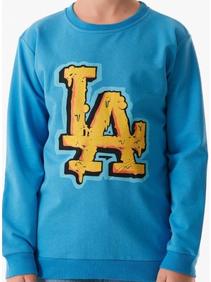 Erkek Çocuk La Yazı Desenli Mavi Renk Sweatshirt