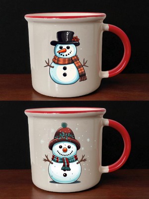 Tatlı Kardan Adam Baskılı Ağzı Kırmızı Kupa - Erkek Öğretmene Hediye, Yeni Doğan Bebek Hediyesi