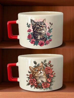Çiçekler Içinde Kedi Baskılı Kahve Fincanı - Öğretmenler Günü Hediyeleri, Hediyelik Eşya