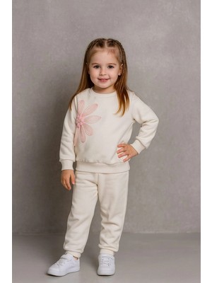 Büyük Çiçek Nakışlı %100 Pamuk 2’li Çocuk Eşofman Takımı