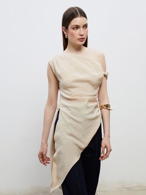 Lc Waikiki Yeni Sezon Kayık Yaka Büzgülü Asimetrik Kesim Bluz