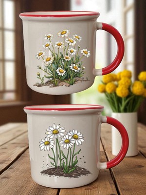 Papatyalı Baskılı 2'li Ağzı Kırmızı Bardak - Babalar Günü Için Hediyeler, Çocuk Doğum Günü Hediyesi