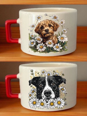 Sevimli Köpek ve Papatya Baskılı Kahve Fincanı - Anneye Doğum Günü Hediyesi, Anneanneye Doğum Günü