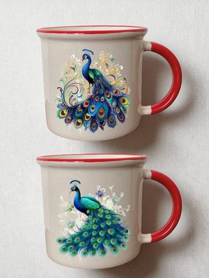 Renkli Tavus Kuşu 2'li Ağzı Kırmızı Bardak - Kız Çocuk Doğum Günü Hediyesi, Anneler Için Hediyeler