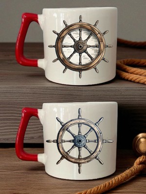 Gemi Dümeni Baskılı 2'li Kupa - Öğretmenler Günü Hediyesi Erkek, Mezuniyet Hediyeleri