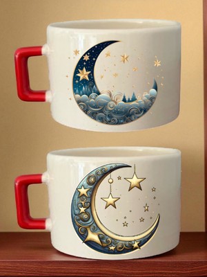 Ay Teması Baskılı 2'li Kahve Fincanı - Anneye Alınacak Hediyeler, Yılbaşı Hediyesi Fikirleri