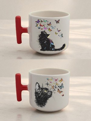 Kelebekli Kedi 2'li Latte Bardağı - Hediye Paketleri Ürünü, Anneler Için Doğum Günü Hediyesi