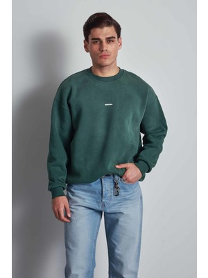 Erkek Rahat Kalıp Baskılı Yuvarlak Yaka Sweatshirt Yeşil