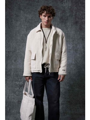 Erkek Boxy Fit Rahat Kesim Desenli Ceket Bej