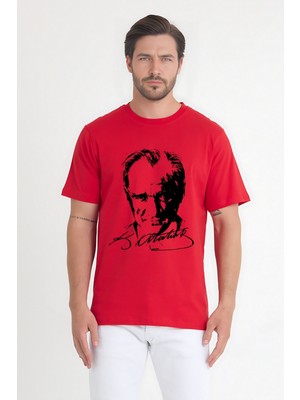 Erkek Bisiklet Yaka Kısa Kollu Atatürk Baskılı %100 Pamuk T-Shirt