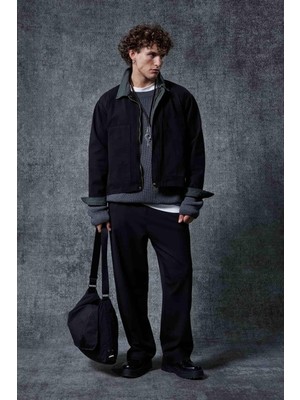 Abluka Online Ekose Detaylı Erkek Relax Fit Ceket Siyah Gabardin Kumaş Normal Kalınlık