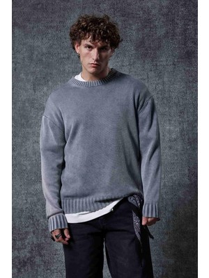 Erkek Oversize Bisiklet Yaka Basic Triko Kazak Gri