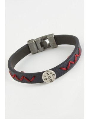 Sepetim Zikzak Ip Desenli Kaliteli Suni Deri Bileklik-Lacivert