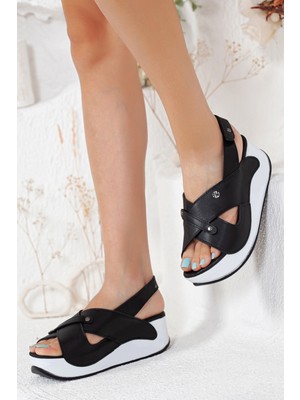 Khayt Brill Kadın Sandalet Anatomik Ortopedik Siyah Suni Deri ile Rahat ve Şık Tasarım