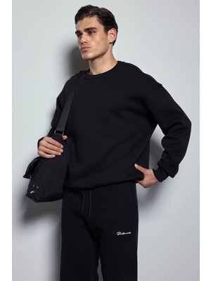 Erkek Oversize Bisiklet Yaka Basic Sweatshirt Siyah