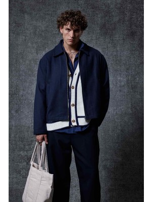 Erkek Oversize Ince Fermuarlı Ceket Lacivert