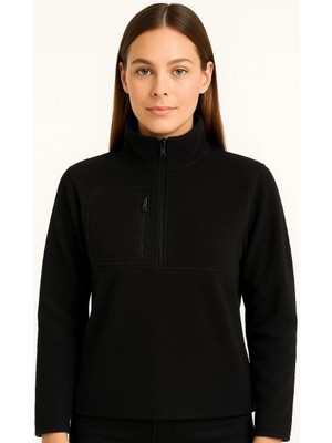 Kadın Polar Kazak - Dik Yaka, Yarım Fermuarlı, Fermuarlı Göğüs Cepli, Siyah Biyeli, Kışlık Rahat Regular Fit Günlük Model - Siyah