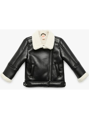 Uzun Kollu Kruvaze Yaka Suni Deri Biker Ceket