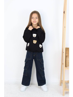 Kız Çocuk Jean Kargo Cepli Kot Pantolon Sweatshirtli Takım