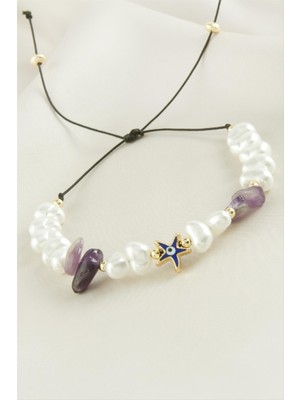 Sepetim Deniz Yıldızı  Kırık Doğaltaşlı Inci Bileklik-Kahverengi