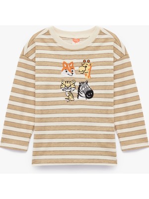 Pamuklu Uzun Kollu Bisiklet Yaka Nakış Detaylı Çizgili Tişört