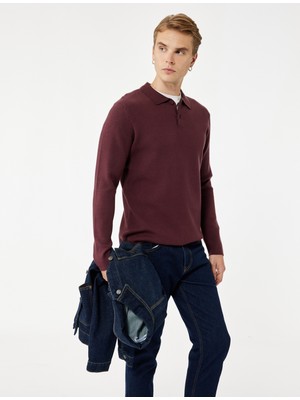 Uzun Kollu Düğmeli Polo Yaka Triko Kazak