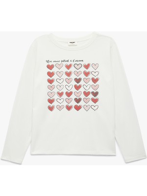 Koton Uzun Kollu Pamuklu Tişört Kız Çocuk İçin Günlük Stil Simli Kalp Baskılı Polyester Karışımlı