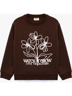 Şardonlu Uzun Kollu Bisiklet Yaka Baskılı Sweatshirt