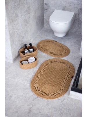 Kahverengi Jüt Hasır 4 Parça Banyo Takımı, Paspas ve Sepet Seti