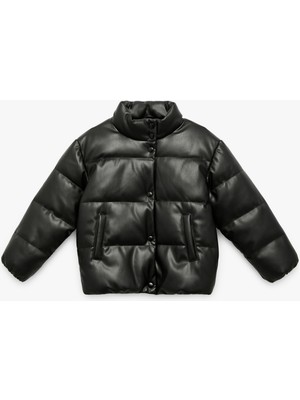 Dik Yaka Cepli Uzun Kollu Suni Deri Şişme Mont