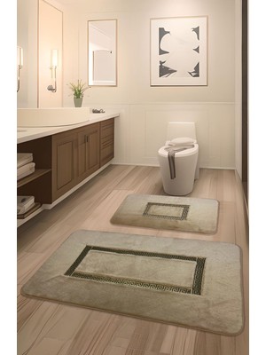 Yumuşak ve Emici Kahverengi Banyo Paspası Seti, Kaymaz Tabanlı, Deri Detaylı, Lüks Tasarım