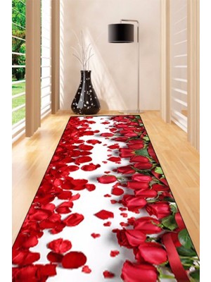 Kırmızı Güllerli 3D Modern Yolluk, Şık ve Dekoratif, 100X200 Ölçülü