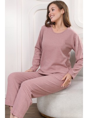 Kalın Kışlık Interlok Şeritli Uzun Kollu Örme Pijama Takımı