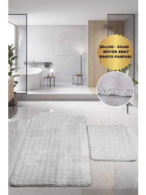Yumuşak Gri Büyük Boy Ikili Kaymaz Taban Yıkanabilir Banyo Paspası