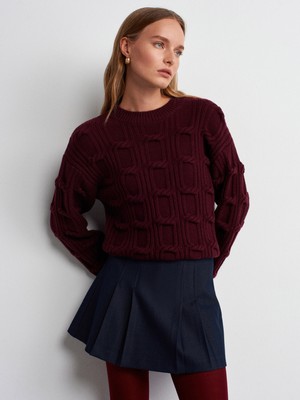 10825 Kabartma Detaylı Triko Kazak-Bordo M.