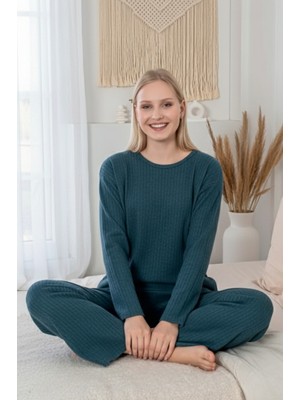 Kalın Kışlık Interlok Şeritli Uzun Kollu Örme Pijama Takımı