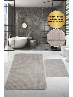 Büyük Banyo Paspası Seti 80X150+50X80 Kaymaz ve Yıkanabilir Bej Renk